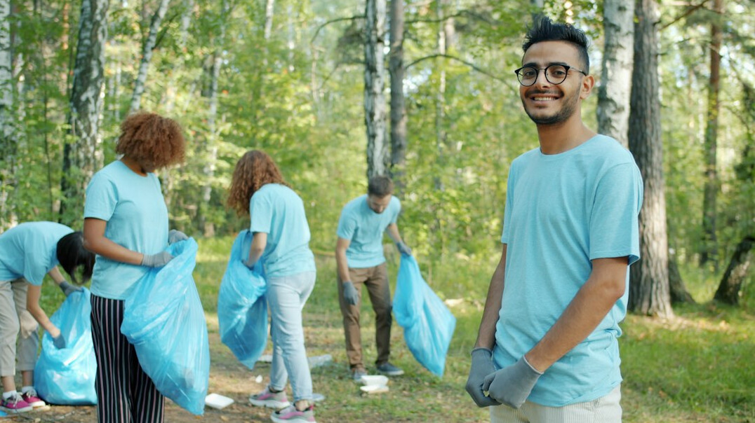 people planting trees in forest